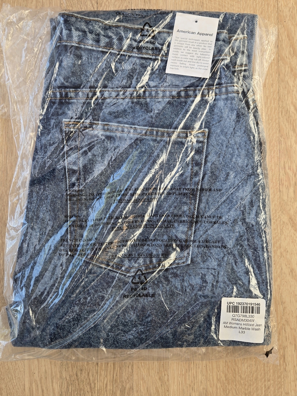 NWT American Apparel High Waist Jean Medium Marble Acid Wash Size 33